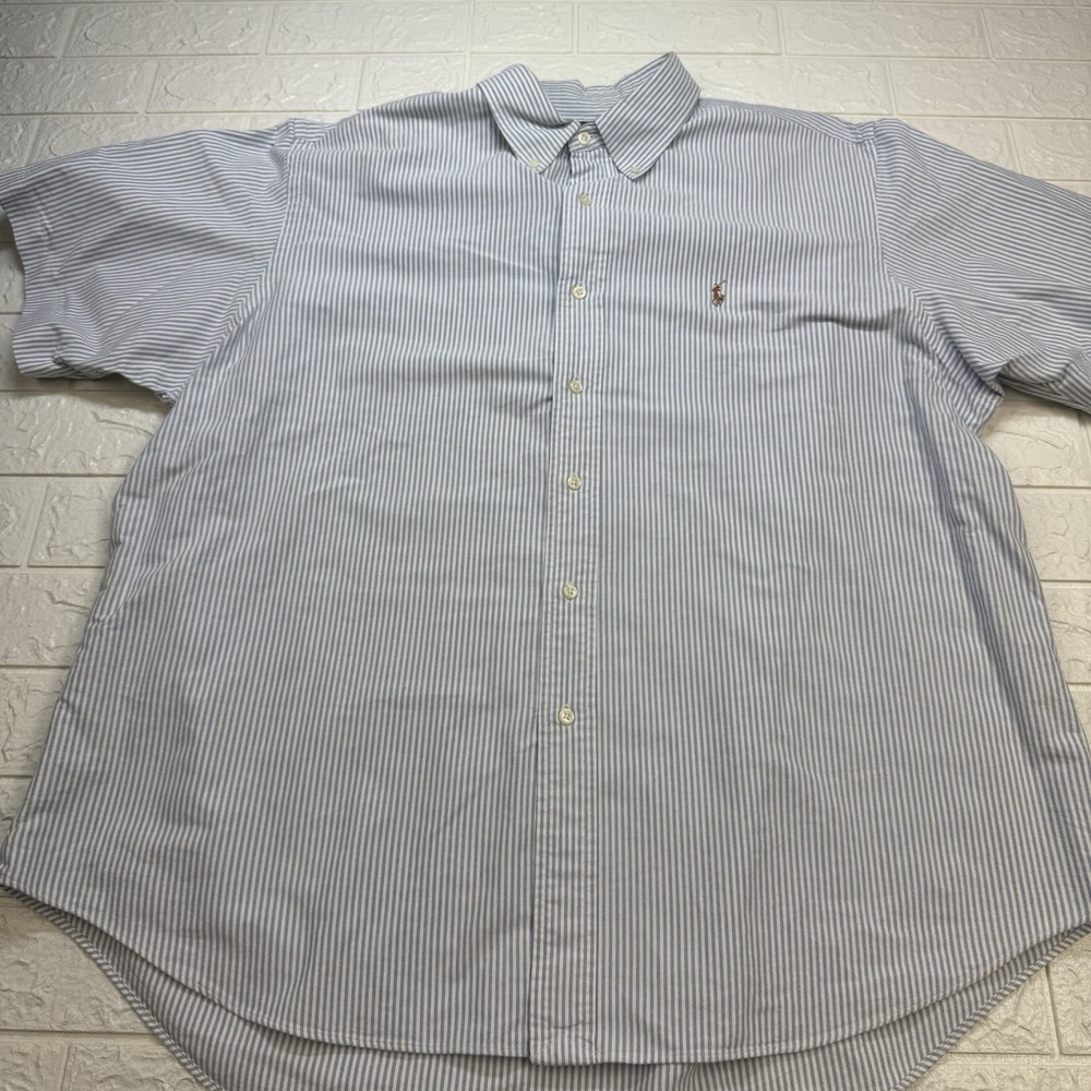 Ralph Lauren Mens XXL Classic Fit Short Sleeve Pinstripe Button Down Shirt Blue